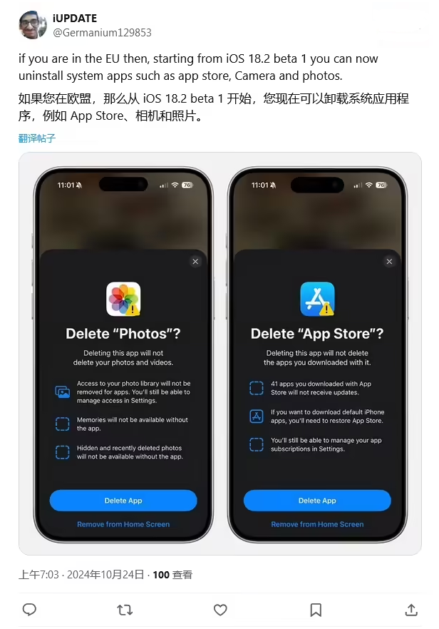 久治苹果手机维修分享iOS 18.2 支持删除 App Store 应用商店 