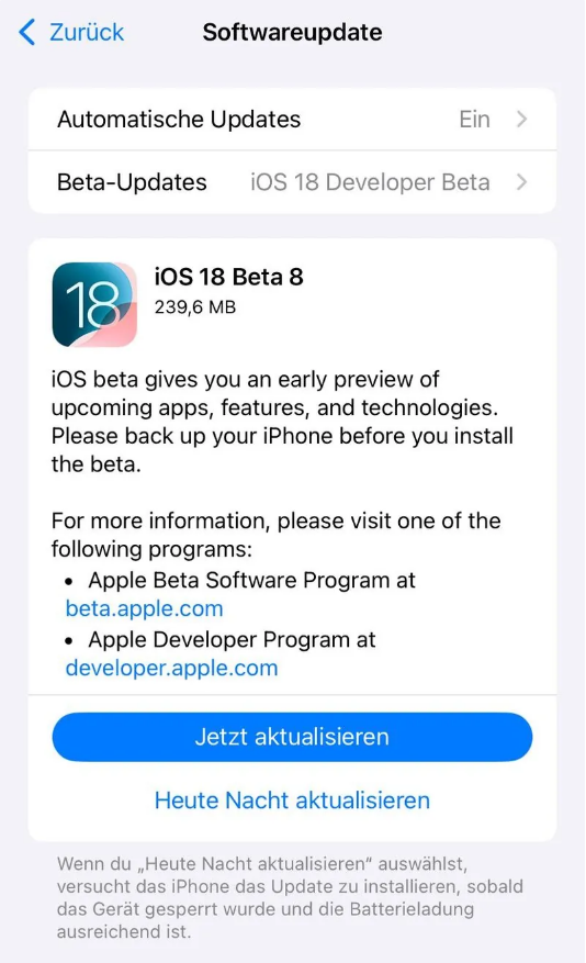 久治苹果手机维修分享苹果 iOS / iPadOS 18 开发者预览版 Beta 8 发布 